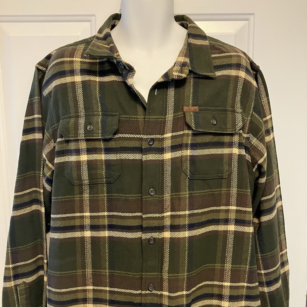 Orvis Men's Sz XL Heavy Green Brown Plaid Flannel Shirt Jacket Shacket Fisherman - Picture 2 of 8